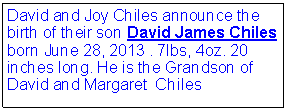 Text Box: David and Joy Chiles announce the birth of their son David James Chiles born June 28, 2013 . 7lbs, 4oz. 20 inches long. He is the Grandson of David and Margaret Chiles