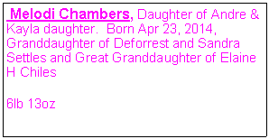 Text Box: Melodi Chambers, Daughter of Andre & Kayla daughter. Born Apr 23, 2014, Granddaughter of Deforrest and Sandra Settles and Great Granddaughter of Elaine H Chiles
6lb 13oz